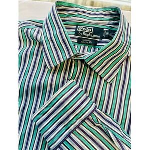 Men's Polo Ralph Lauren Curham Large‎ 16 1/2 Blue Teal White Long Sleeve Shirt